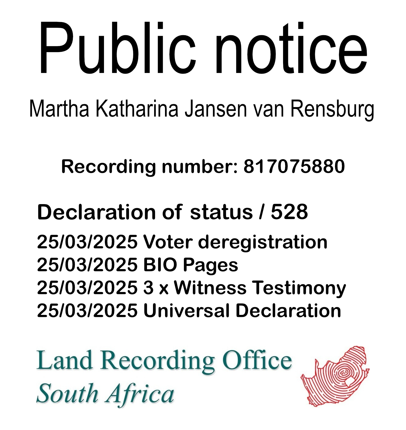 Public Notice Martha Katharina Jansen van Rensburg (c) Recording number 817075880